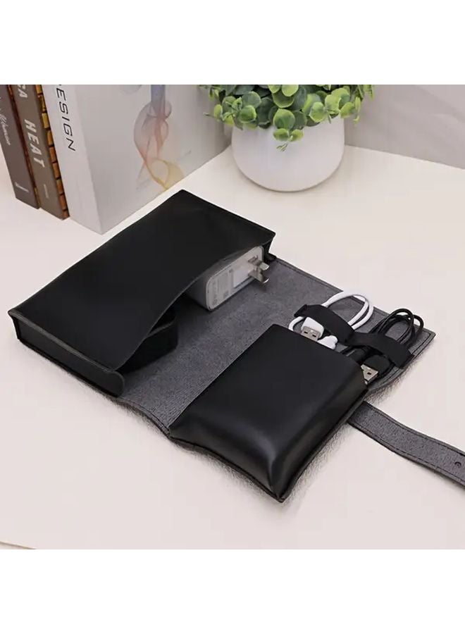 Black Faux Leather Travel Electronic Organizer Bag For Chargers Cables Headphones Power Bank - Image 3